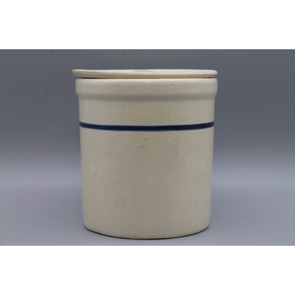Vintage Blue Stripe Stoneware Crock Canister with Lid 5.5" Farmhouse Pottery